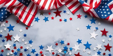 Obraz premium This image features scattered confetti, American flags, and star decorations on what seems to be a table, representing a festive event or celebration full of joy and pride.