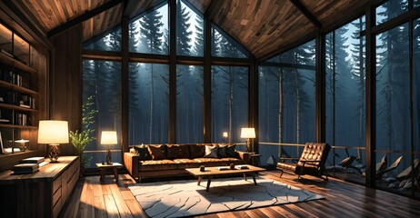 interior of modern cabin living room in secluded forest woods. interior design and decor of mansion house lodge with glass window walls and wood floor roof.