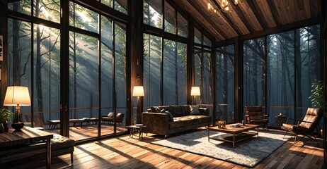 interior of modern cabin living room in secluded forest woods. interior design and decor of mansion house lodge with glass window walls and wood floor roof.