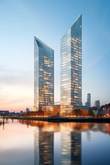 Naklejka premium Imposing IJ Towers: An Epitome of Modern Architectural Prowess in Amsterdam's Skyline