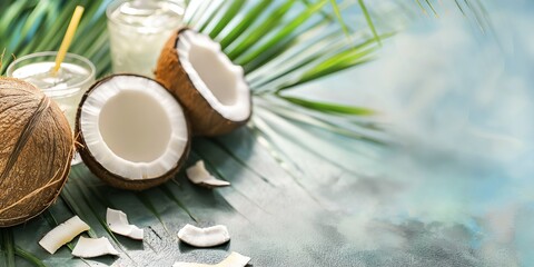 A collection of coconuts and drinks set against a blurred vibrant background with palm leaves, evoking an essence of tropical freshness and natural delight.