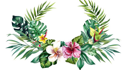 Tropical wreath of plants flowers and exotic leaves on a transparent background