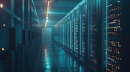 The image shows a modern data center with rows of server racks. The servers are lit up and there are blinking lights. Generative AI