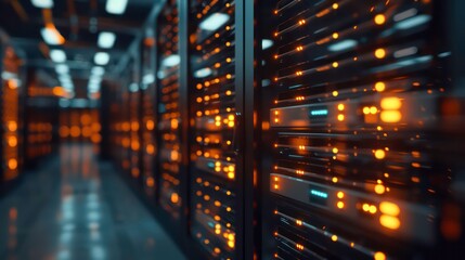 The image shows a modern data center with rows of server racks. The servers are lit up and there are blinking lights. Generative AI
