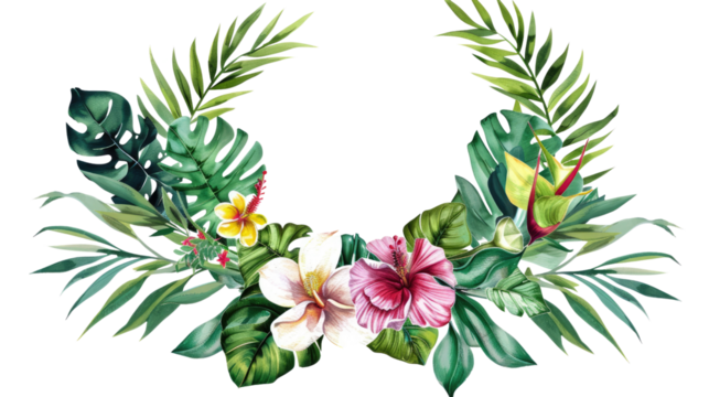 Tropical wreath of plants flowers and exotic leaves on a transparent background