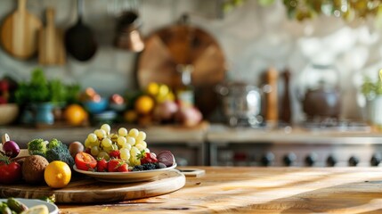 Fototapeta premium Nutritious food presented on kitchen table with empty space