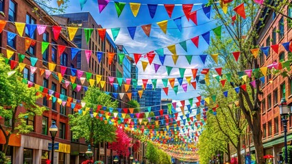 Fototapeta premium Colorful decorations and festive banners in urban setting for May Day parade celebration, urban, unity, May Day, parade, community, spring, festivities, labor day, colorful, decorations