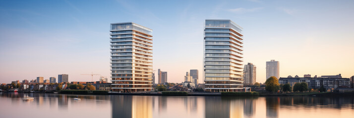 Obraz premium Imposing IJ Towers: An Epitome of Modern Architectural Prowess in Amsterdam's Skyline