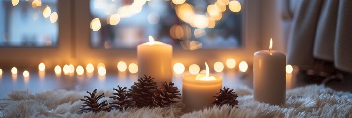 Cozy Candlelit Winter Scene with Pine Cones
