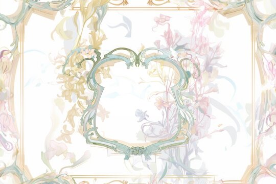 Wedding invitation in art nouveau style. Frame with flowers and leaves, graceful lines, white background. Horizontal premium art deco illustration. Greeting card, label. Free space for text