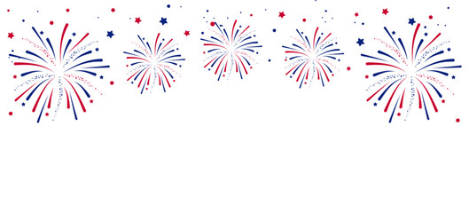 Fireworks Fourth of July.Border with fireworks and red , blue stars , sparks . United states of america independence day fireworks. Red, blue fireworks for 4th of July .