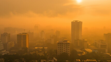 A cityscape shrouded in a yellowish-brown haze of air pollution, highlighting the health risks associated with poor air quality. Air pollution bad ecology