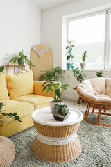 Interior of living room with plants, table and sofa