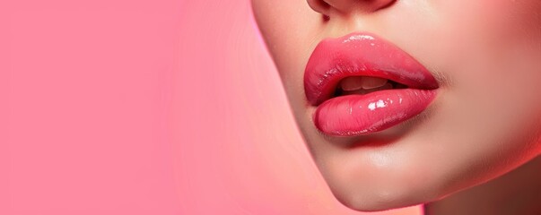 Fototapeta premium A woman with a pink background and a pink lip. The lips are covered in glitter. The woman has a very pretty and glamorous look. Free copy space for text.