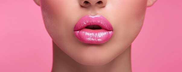 Fototapeta premium A woman with a pink background and a pink lip. The lips are covered in glitter. The woman has a very pretty and glamorous look. Free copy space for text.