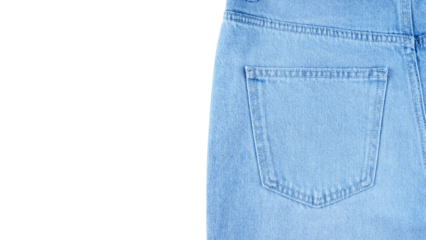 Back side pocket of blue jeans pants closeup, isolated on white, transparent background. Denim background, texture, mockup. Fashion concept, shopping, sale. Design detail, element of clothes