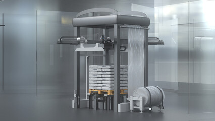Stretch hood machine for automatic pallet packing line. 3D rendering