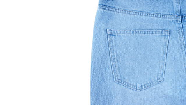 Back side pocket of blue jeans pants closeup, isolated on white, transparent background. Denim background, texture, mockup. Fashion concept, shopping, sale. Design detail, element of clothes