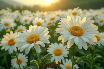 Fototapeta premium A Beautiful Field of Daisies in Full Bloom at Sunrise Capturing the Essence of Nature?s Tranquil Beauty in a Serene Morning Setting
