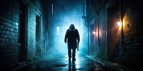 Dark and creepy silhouette of a killer in a abandoned alleyway at night, murderer, crime, danger, fear, homicide, murderer, spooky, menacing, weapon, violence, sinister, mystery, thriller