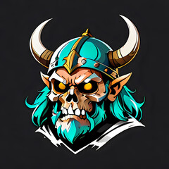 Fototapeta premium Fierce illustrated portrait of a Viking skull with glowing yellow eyes, horned helmet, and teal accents, perfect for gaming logos, fantasy art, and themed merchandise.