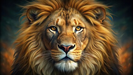 Naklejka premium Close up digital art of a majestic lion's face , lion, wildlife, animal, predator, close up, digital art,fierce, mane, wild, big cat, majestic, teeth, eyes, powerful, strength