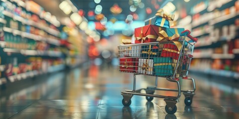 Picture yourself leisurely walking down a lively supermarket aisle adorned with Christmas decorations, filled with discounted holiday products. Enjoy a cheerful shopping experience