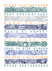 Vector illustration of elements related to surfing. Stylized art in rustic lines and text.