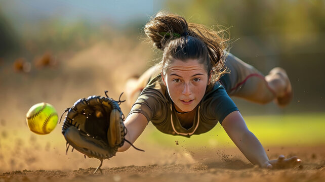 picture of softball girl diving to catch ball.