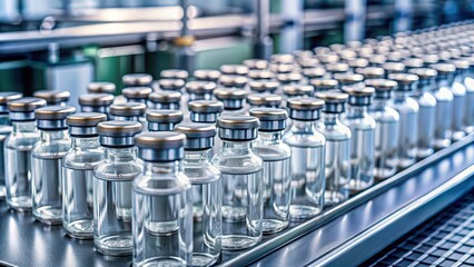 Medical glass vials filled with medicine or vaccines on production line in pharmaceutical factory, medicine, vaccines, production line, pharmaceutical, factory, glass vials