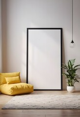 Mockup poster frame close up near window, 3d render.Mockup for painting.	