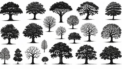 A set of black drawn oak trees on a white background