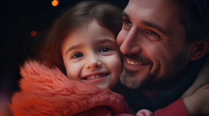 A warm hug between a father and his little girl, both looking at the camera with happiness, ideal for a celebratory banner. 