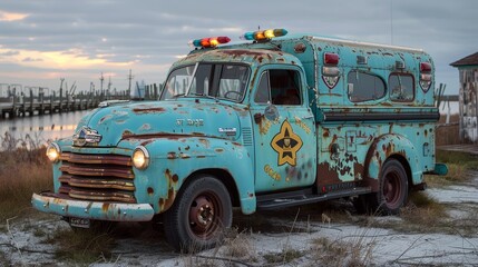 A captivating image of a weathered and rusted vintage emergency vehicle parked in a coastal, rustic setting with a beautiful sunset background