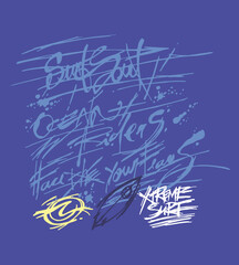 Vector illustration of scribbled text referring to surfing, with elements such as waves and surfboard in sketch style.