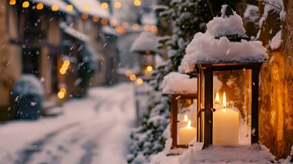Fototapeta premium Cozy winter street with candle lanterns and snow falling, festive lights in background, warm holiday atmosphere