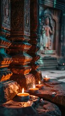 Ancient temple interior with ornate pillars and lit candles creating a spiritual atmosphere, intricate carvings in focus