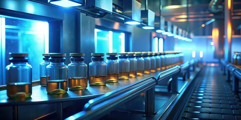 Staff checking medical vials on production line at pharmaceutical factory , pharmaceutical, factory, production line, staff, checking, medical, vials, inspection, quality control