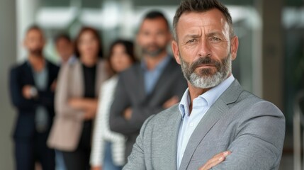 A man with a beard stands in front of a group of people, business team concept