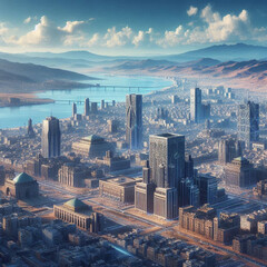 Obraz premium A design for a city with modern and innovative architecture in the style of Moroccan architecture on a river on the outskirts of the city
