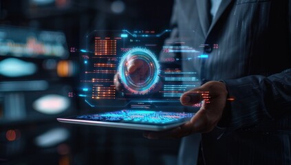 Frame a composition of a businessman holding a tablet with a holographic projection of a 3D pie chart, showcasing futuristic technology in business analysis.