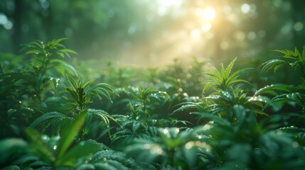Green plants with sunlight streaming through foliage, natural ambiance. Serenity and tranquility in nature concept