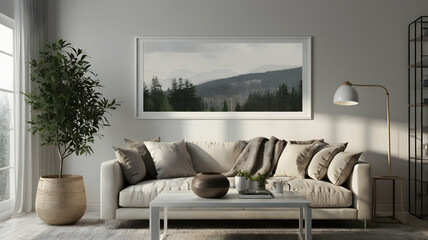 Fototapeta premium A stylish 3D render of a cozy living room interior, with a poster mockup hanging above a minimalist sofa and coffee table setup