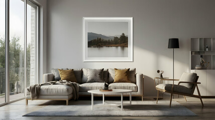 A 3D render of a living room with a frame mockup hanging on a pristine white wall