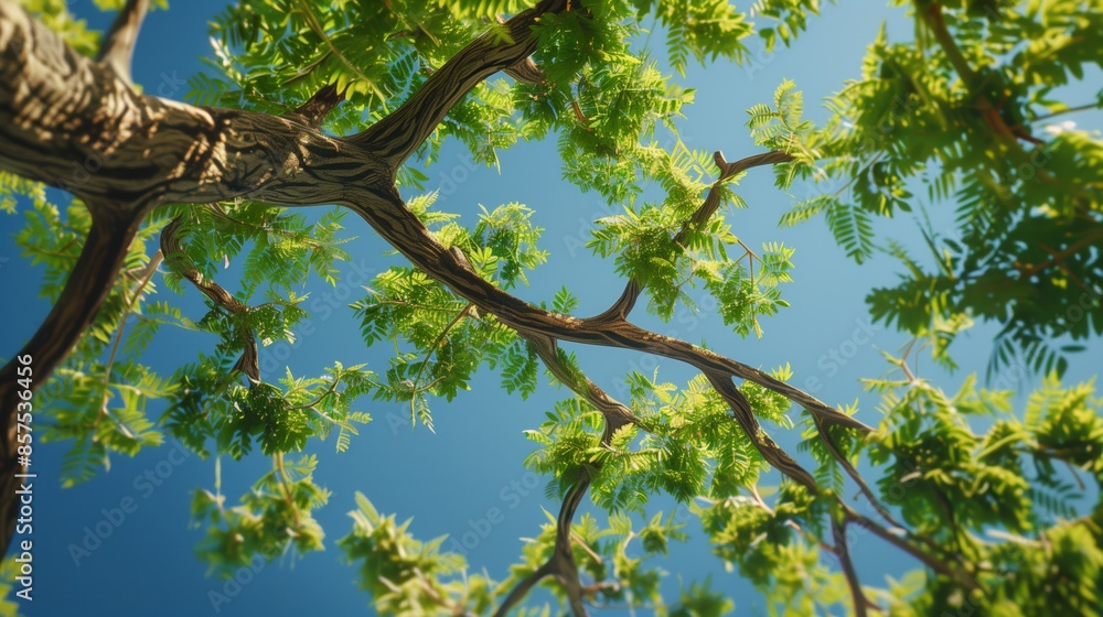 Wall mural view of tree branches and leaves against the clear blue sky on a sunny day