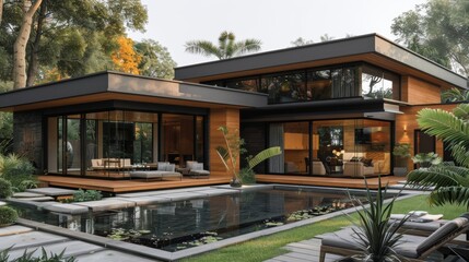Obraz premium A luxurious modern house with large glass windows, wooden exterior elements, and a serene pool area surrounded by lush greenery and comfortable outdoor seating