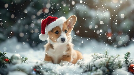 Christmas festival postcard corgi with santa hat among snow forest in winter.