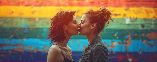 Two women share a romantic and passionate kiss in front of a beautifully artistic rainbow wall mural, symbolizing love, inclusivity, and LGBTQ+ pride