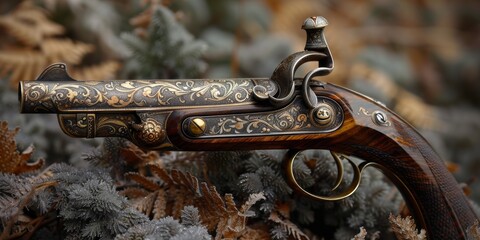 An intricately designed antique flintlock pistol adorned with elaborate floral engravings is prominently displayed among autumn leaves with frosty edges