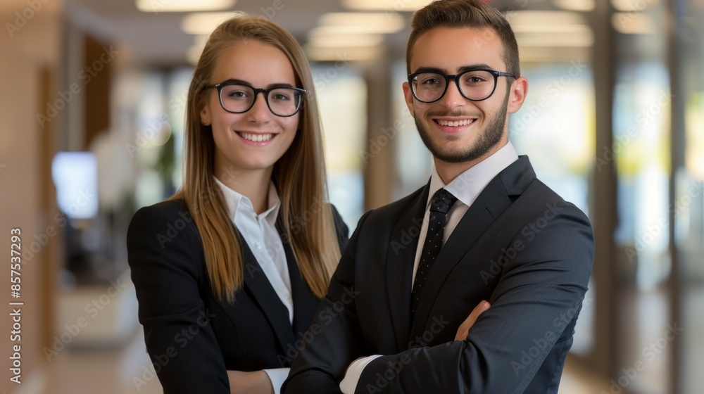 Wall mural a man and a woman are posing for a picture in a business setting, business team concept